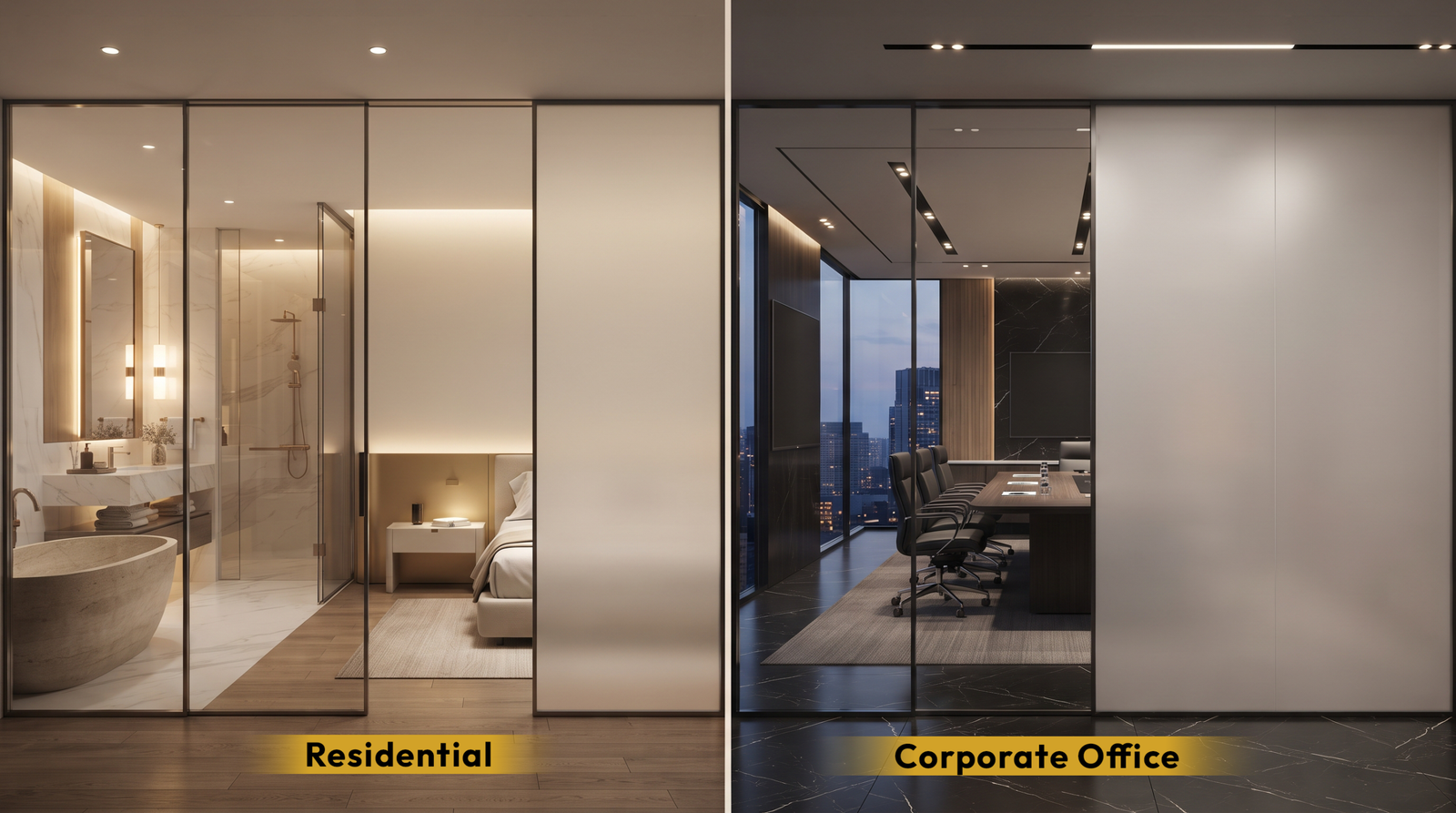 Switchable glass installed in a residential and corporate office space - Royal Tint