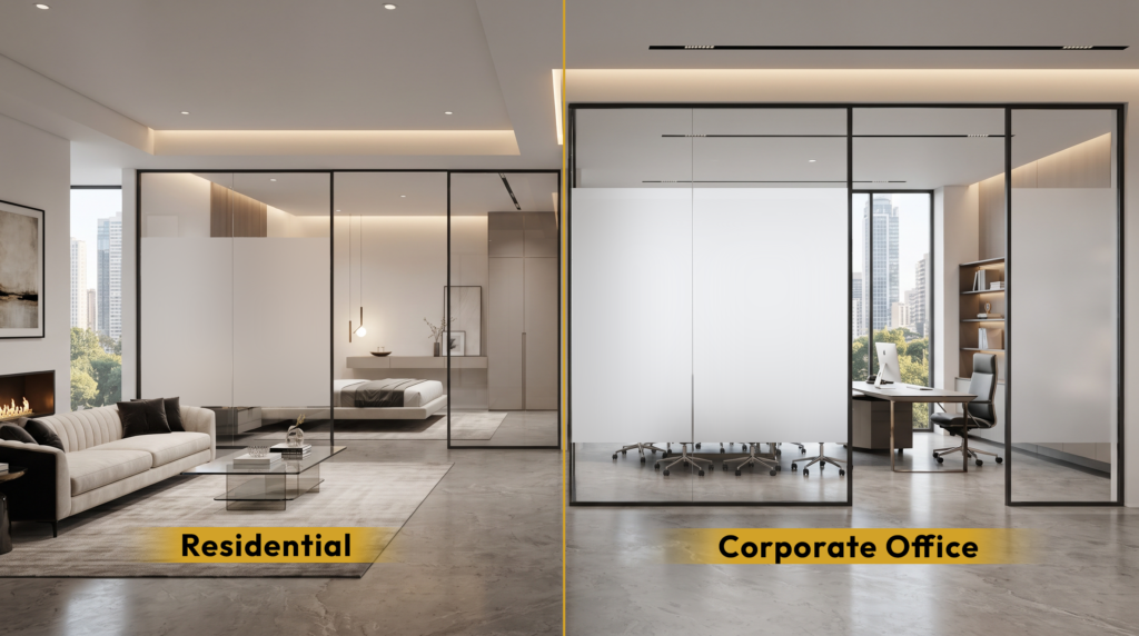 Switchable Glass in residential homes and corporate office meeting rooms for instant privacy