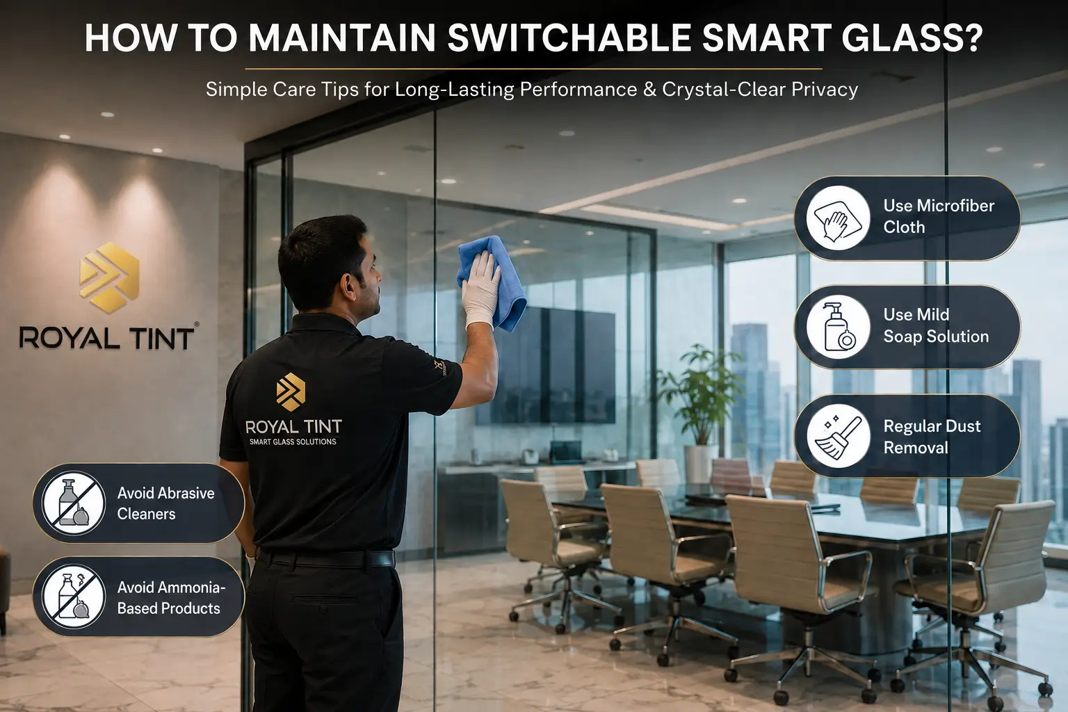 Smart glass versus traditional frosted glass in a modern interior - Royal Tint